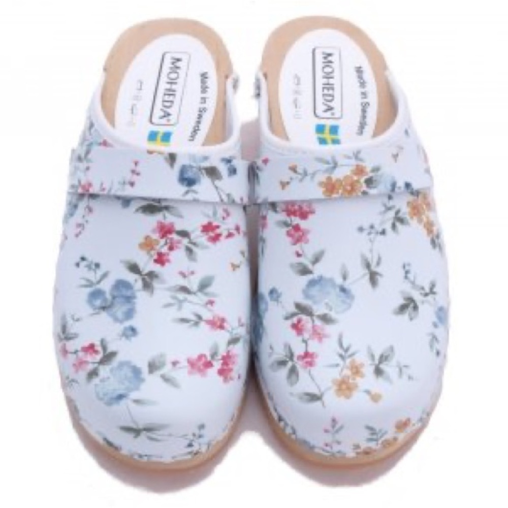 Moheda Swedish Sweden Linnea White Floral Leather Clogs Mules Womens New 40